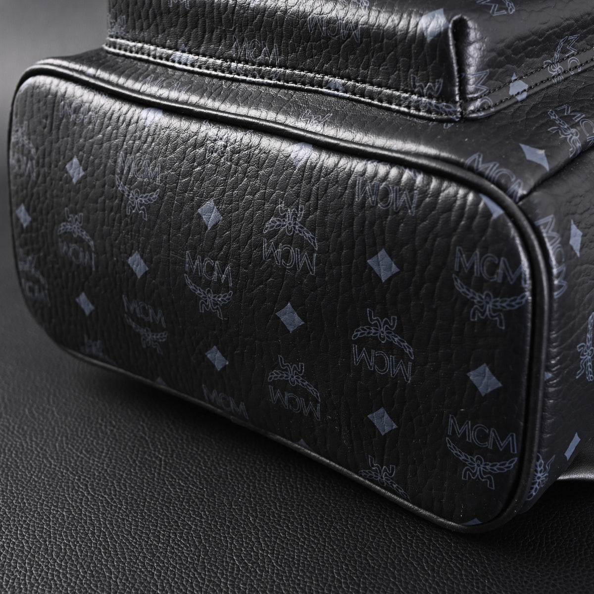 MCM Stark Visetos Medium Backpack – Black Monogram with Studded Detailing