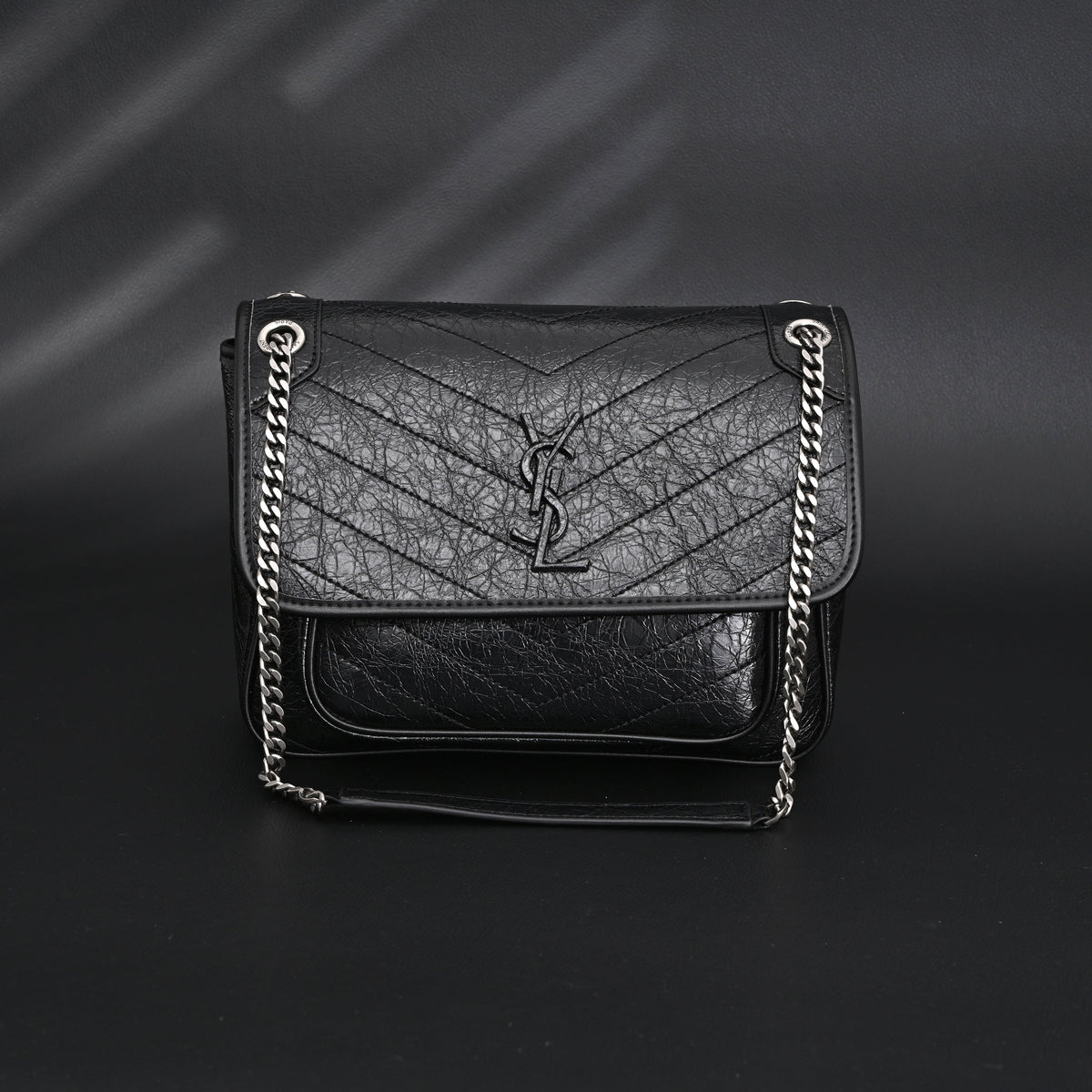 Saint Laurent Niki Medium Black Crinkled Leather Shoulder Bag